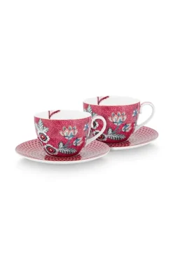 Pip Studio Tasse & Untertasse|Flower Festival Set/2 Cappuccino Tasse & Undertasse Dunkelrosa